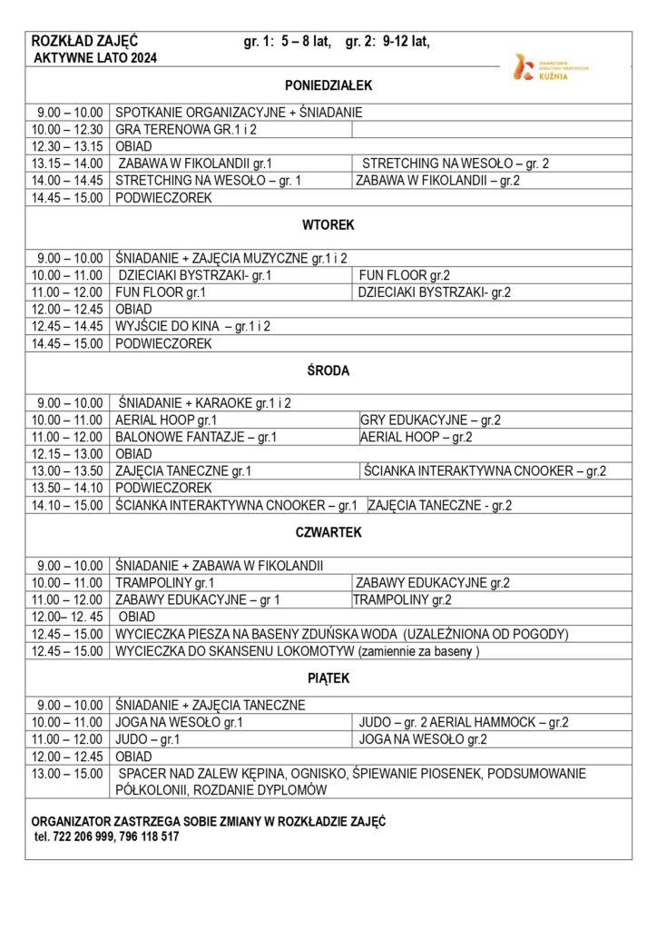 Grafik Sport Camp turnusy 1-4