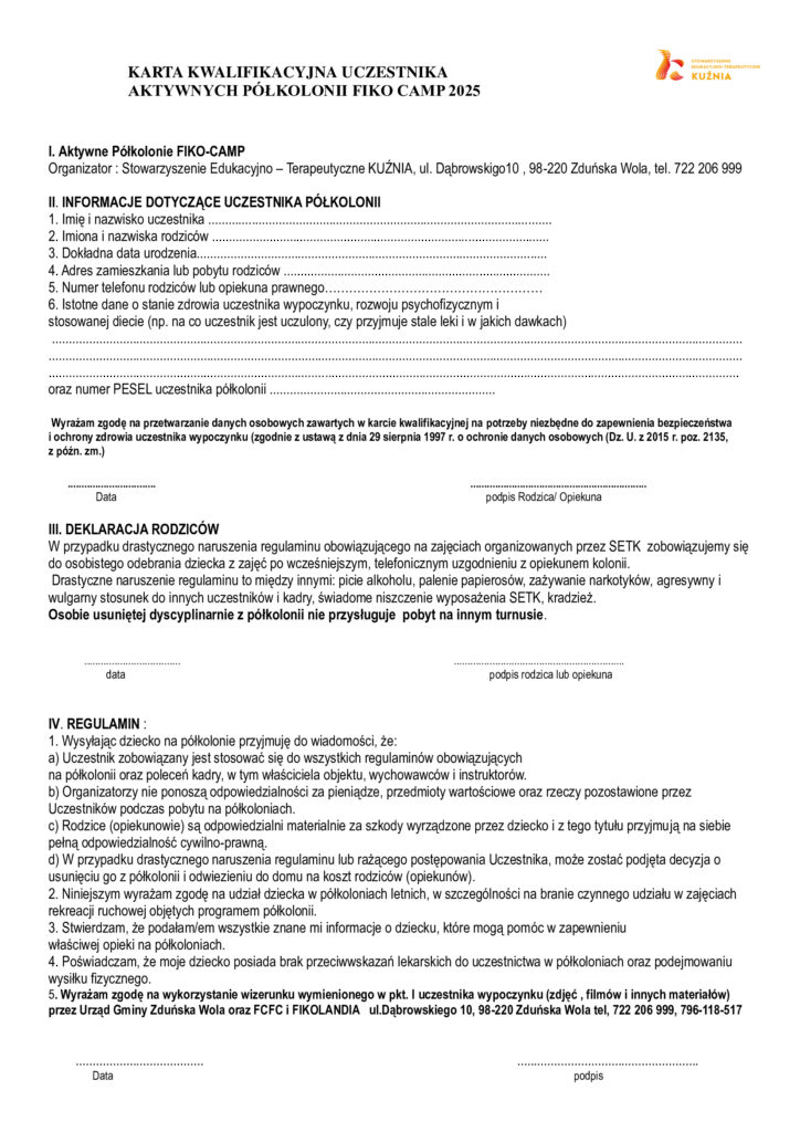 Karta kwalifikacyjna FIKO CAMP 2025