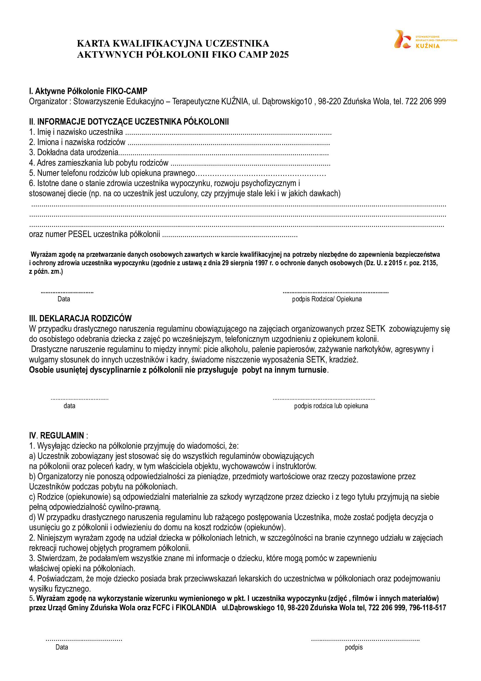 Karta kwalifikacyjna FIKO CAMP 2025